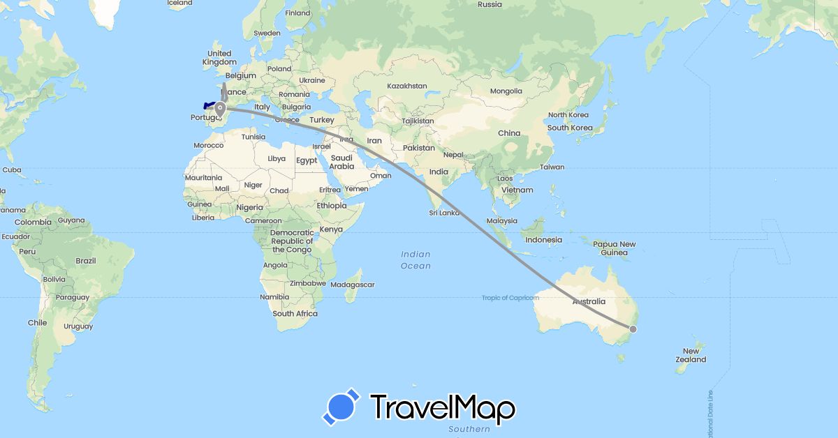 TravelMap itinerary: driving, plane in Australia, Spain, France, Greece (Europe, Oceania)